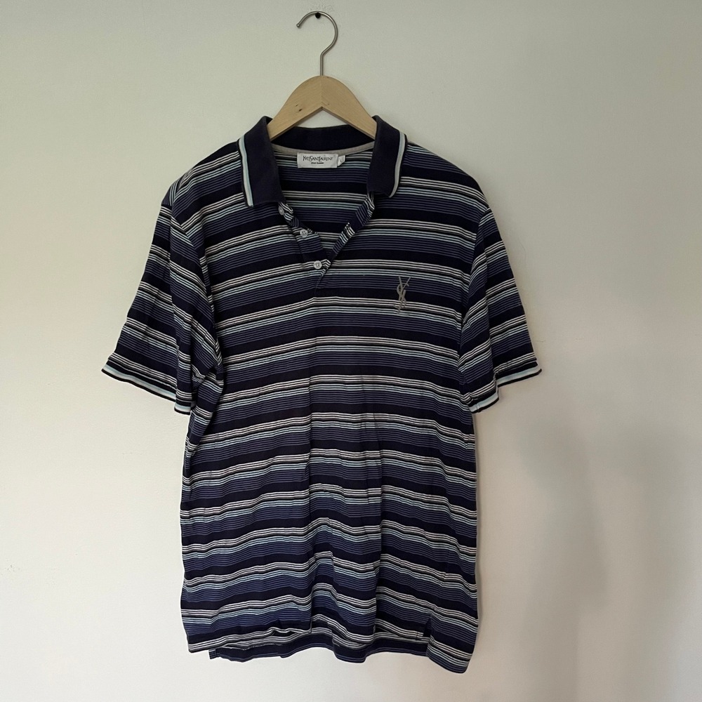 Yves Saint Laurent Pour Homme Striped Polo Shirt Navy Blue White Large YSL Logo